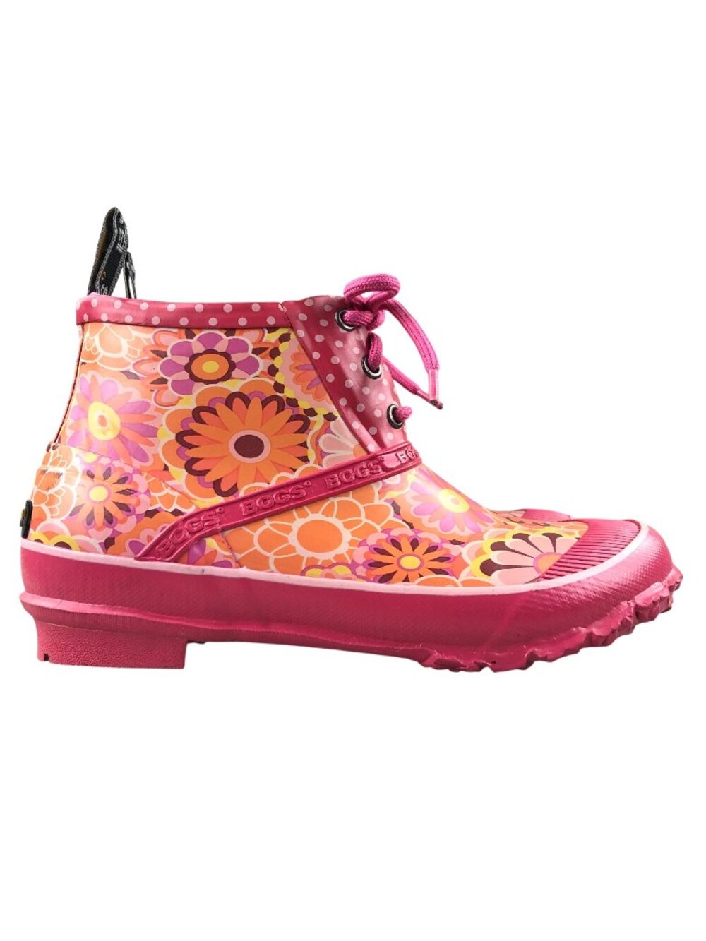 Bogs Kids Size 6 Charlot Pink Orange Floral Print Lace-Up Ankle Rain Boots